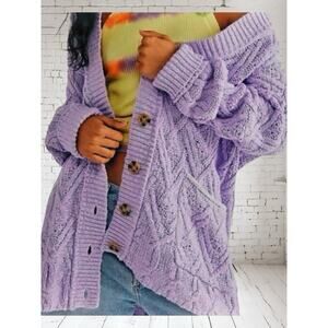 Free People Very Oversized Purple Montana Cable Knit Cardigan Sweater Sz XS S M
